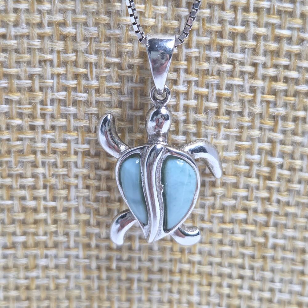 Genuine Larimar Sterling Silver Turtle On A Sterling Silver Box Chain Jewelry